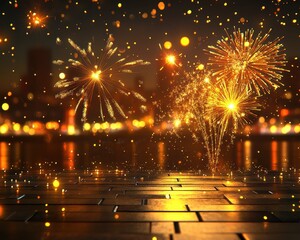 A rustic wooden table showcases a vibrant firework, bursting with colorful sparks and trails, creating a festive atmosphere perfect for celebrations and gatherings.