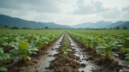 Lush Green Vegetable Crops Growing in Straight Rows Under Cloudy Sky in Expansive Farm Landscape