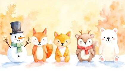 Naklejka premium Charming Winter Wonderland: Watercolor Snowman and Adorable Animals