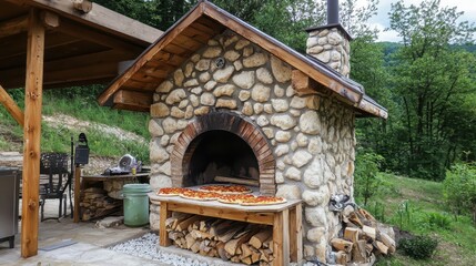 Rustic Outdoor Pizza Oven with Freshly Baked Handmade Pizzas