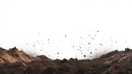 A dynamic shot of dirt and soil being disturbed, showcasing earthy textures against a white background