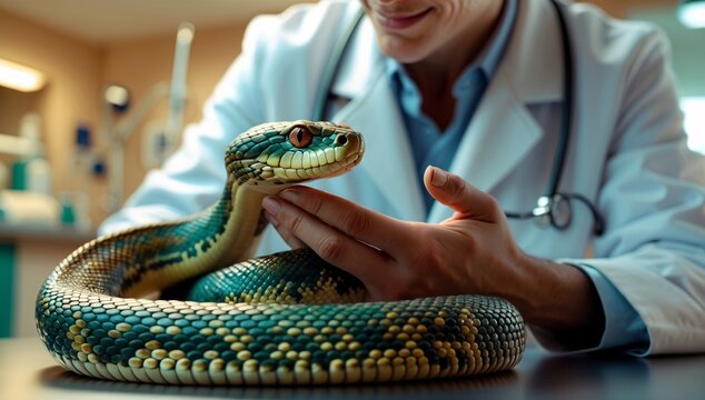 A male veterinarian gently examines a green and yellow python in a clinical setting.
