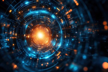 Exploring a radiant digital vortex with glowing patterns in a futuristic world