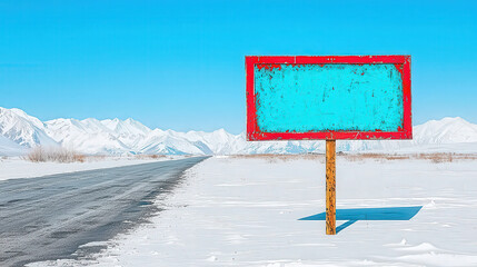 A freestanding billboard in an open Arctic landscape, snow-covered surroundings, bright clear sky, Antarctica-inspired