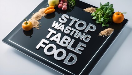 A modern kitchen scene featuring fresh ingredients promoting food waste awareness, with bold text 'STOP WASTING TABLE FOOD.'