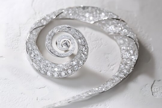 A modern depiction of a spiral diamond ring winding close to a spiral diamond necklace, both set against a white plaster texture.