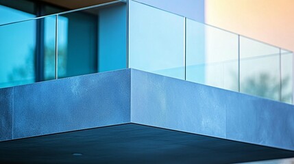 Fototapeta premium Modern balcony with glass railing and blue concrete base.
