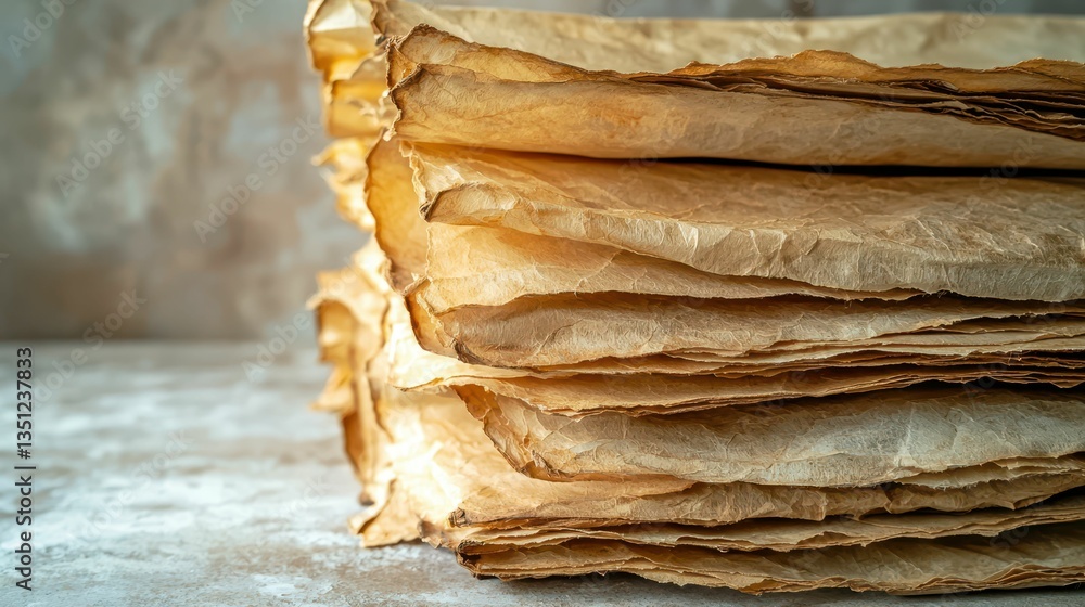 Poster stack of crispy old parchment paper with delicate folds and texture