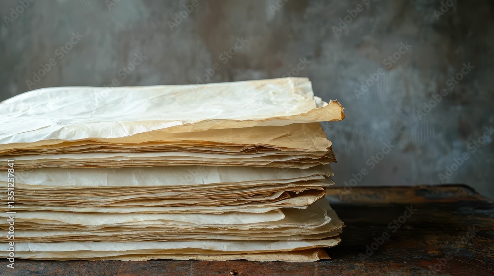 Poster Stack of Crispy Old Parchment Paper Resting on a Rustic Surface