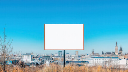 Blank billboard on an urban rooftop, clear sky, city skyline in the background, perfect advertising canvas 