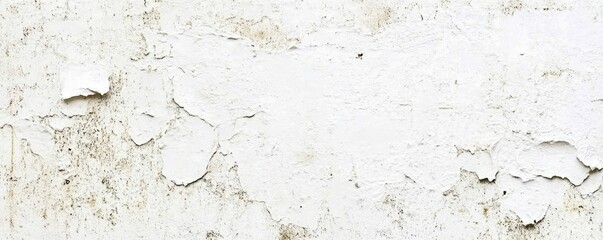 Obraz premium A weathered white wall showcases layers of peeling paint, revealing hints of faded colors beneath. The texture adds character, creating a rustic, vintage ambiance in the space.