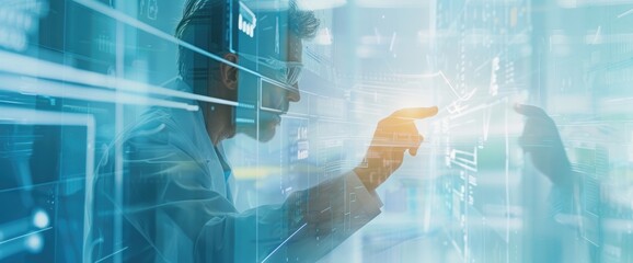 Scientist Interacting with Holographic Interface