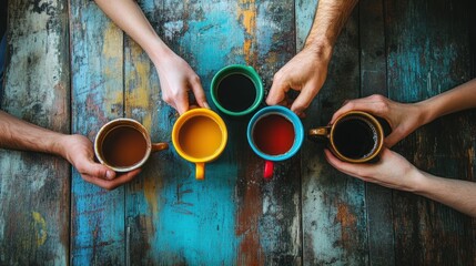 Colorful coffee cups, friends sharing drinks at rustic table