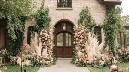 Obraz premium Bohemian-inspired flower entrance with pampas grass and soft pastel blooms