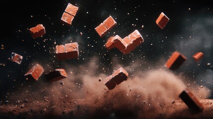 Flying red bricks create a dynamic scene of construction debris in a dramatic, smoky atmosphere