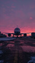 Obraz premium Jetliner on Runway at Sunset, Cargo in Background