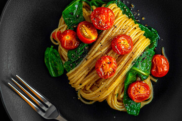 Roasted Garlic Pasta with Tomatoes and Spinach on a black plate