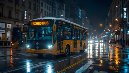 Fototapeta premium Night City Bus Ride: A Wet and Bright Evening Commute