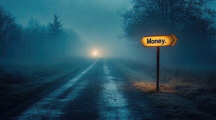 A foggy road at dusk with a glowing signpost indicating 'Money' and a distant light illuminating the path