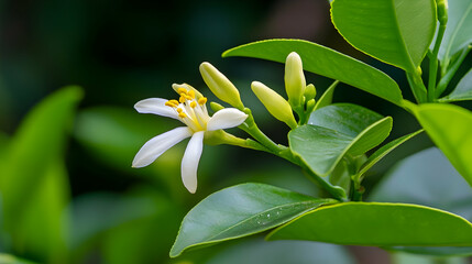 Obraz premium Blooming citrus flower close-up, green leaves background, spring blossom, nature photography, stock image