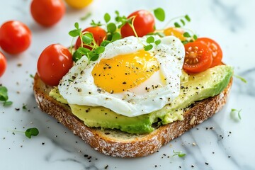 Fresh avocado toast served on marble countertop in natural light