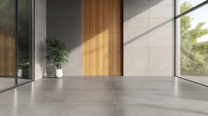 Obraz premium Modern minimalist interior with large window and wooden door