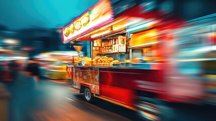 Obraz premium Vibrant street food cart bustling with activity at night, surrounded by blurred city lights and moving vehicles