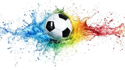 A vibrant soccer ball splashes through colorful water, symbolizing energy and excitement in sports
