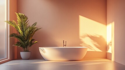 Serene bathroom features a modern bathtub and vibrant plant