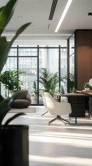 Fototapeta premium Bright Modern Office Space with Natural Daylight and Greenery