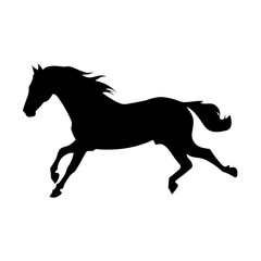 Elegant black horse silhouette running, isolated on a clean white background, perfect for graphic design and print.