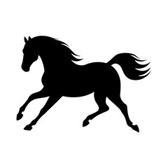 Elegant black horse silhouette running, isolated on a clean white background, perfect for graphic design and print.