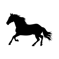 Elegant black horse silhouette running, isolated on a clean white background, perfect for graphic design and print.