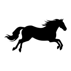 Elegant black horse silhouette running, isolated on a clean white background, perfect for graphic design and print.