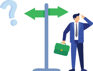 Confused person standing at a three-way road intersection with large arrows, symbolizing decision-making, choices, uncertainty, and future direction in a minimal flat illustration style
