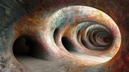 Abstract tunnel labyrinth, surreal architecture, intricate design, use in sci-fi or gaming background