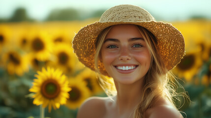  Portrait of a beautiful young woman wearing a straw hat, smiling in a sunflower field during the summer. Close-up portrait of a smiling face.