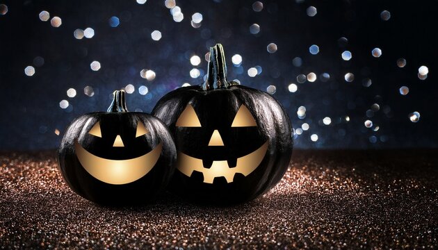 two black glowing halloween pumpkins on a dark glitter background