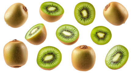 Fototapeta premium Fresh Kiwi Fruit Slices and Whole Kiwis on a White Background