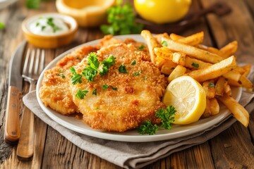 Fototapeta premium Golden-brown schnitzel served with crispy fries and fresh lemon wedge