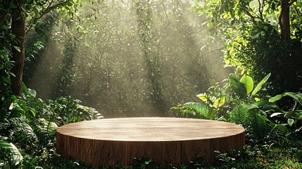 Wooden platform in a lush green forest illuminated by sunlight