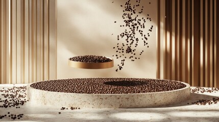 Floating podium of coffee beans with intricate espresso splash details in a luxurious coffee-themed setting.