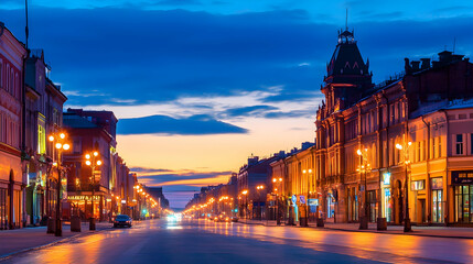 Fototapeta premium City street at dawn, illuminated buildings, calm traffic, winter atmosphere, ideal for travel brochures