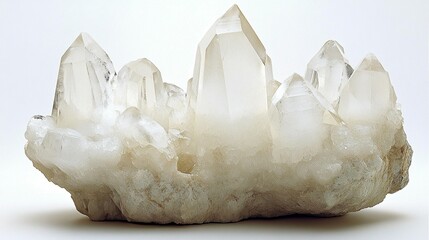 Cluster of clear quartz crystals on a beige matrix, isolated on white.