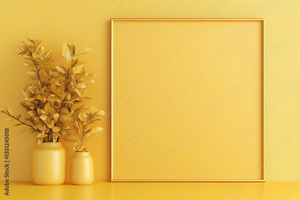 Poster a simple, yellow-themed setting featuring a blank frame and decorative vases with flowers, creating 