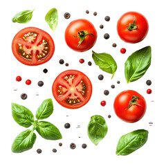 Fresh Tomatoes Basil and Peppercorns on Black Background