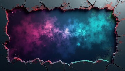 Abstract Cosmic Nebula Background Broken Wall Revealing Vibrant Pink and Teal Glowing Space