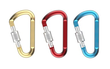 Three colored climbing carabiners. 