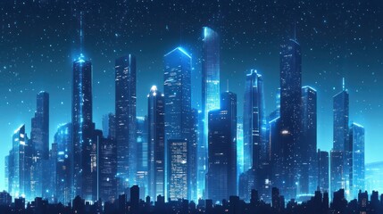 Fototapeta premium Futuristic skyscraper with glass facades reflecting the city skyline.