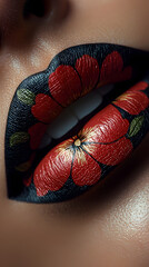 Hyper-Realistic Close-Up of Plump Red Lips with Intricate Floral Design